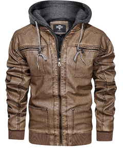 Hood Crew Men's Warm PU Faux Leather Zip-Up Motorcycle Bomber Jacket