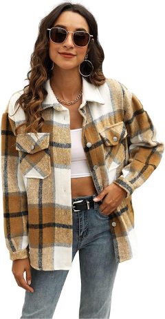 UANEO Women's Casual Plaid Wool Blend Shacket