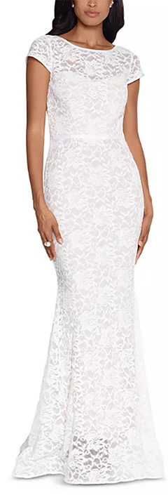 XSCAPE Lace Cap-Sleeve Gown